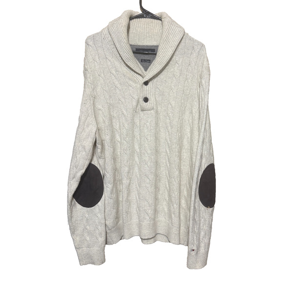 TOMMY HILFIGER Fisherman Sweater Lux Cotton Mens L Ivory shawl collar cable knit - Picture 1 of 8